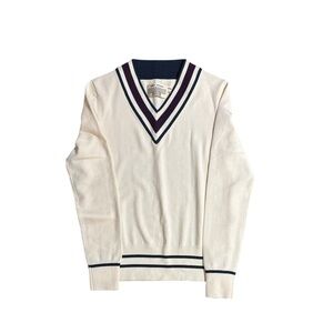 Tory Sport Cream V-Neck Sweater with Navy and Purple Stripes